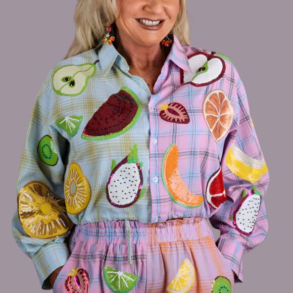 NWT Queen of Sparkles Colorblock Plaid Fruit Button Up Collar Long Sleeve Top - Picture 2 of 6